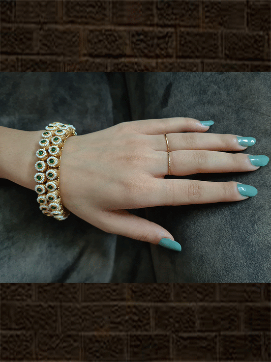 Set of two gold bead kada's with green stone and pirohi work - Odara Jewellery