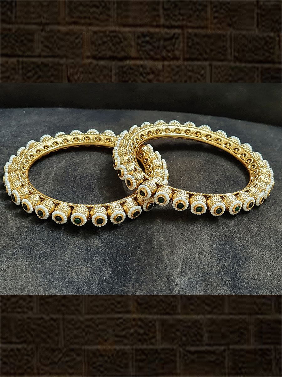 Set of two gold bead kada's with green stone and pirohi work - Odara Jewellery