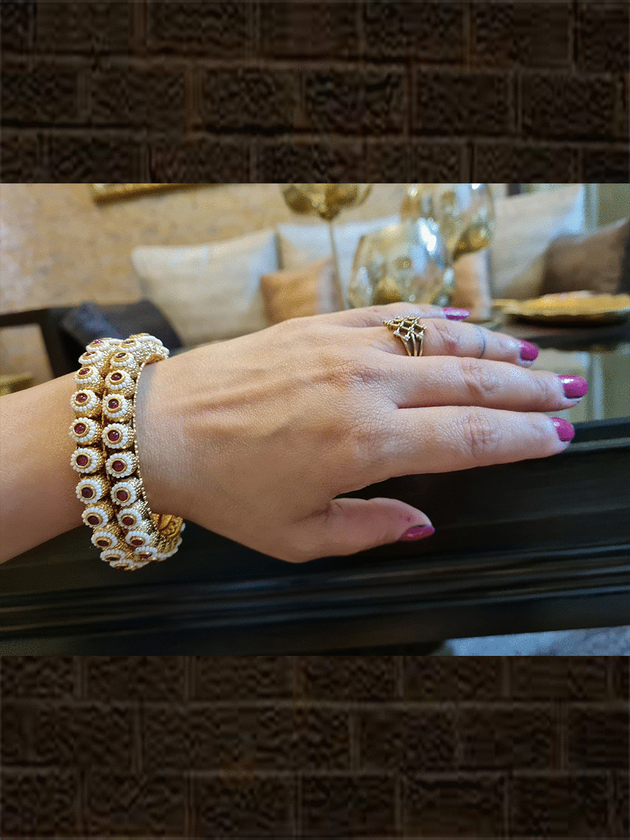 Set of two gold bead kada's with ruby stone and pirohi work - Odara Jewellery