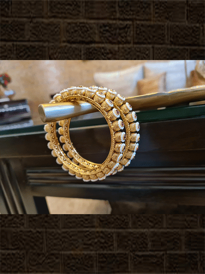 Set of two gold bead kada's with ruby stone and pirohi work - Odara Jewellery