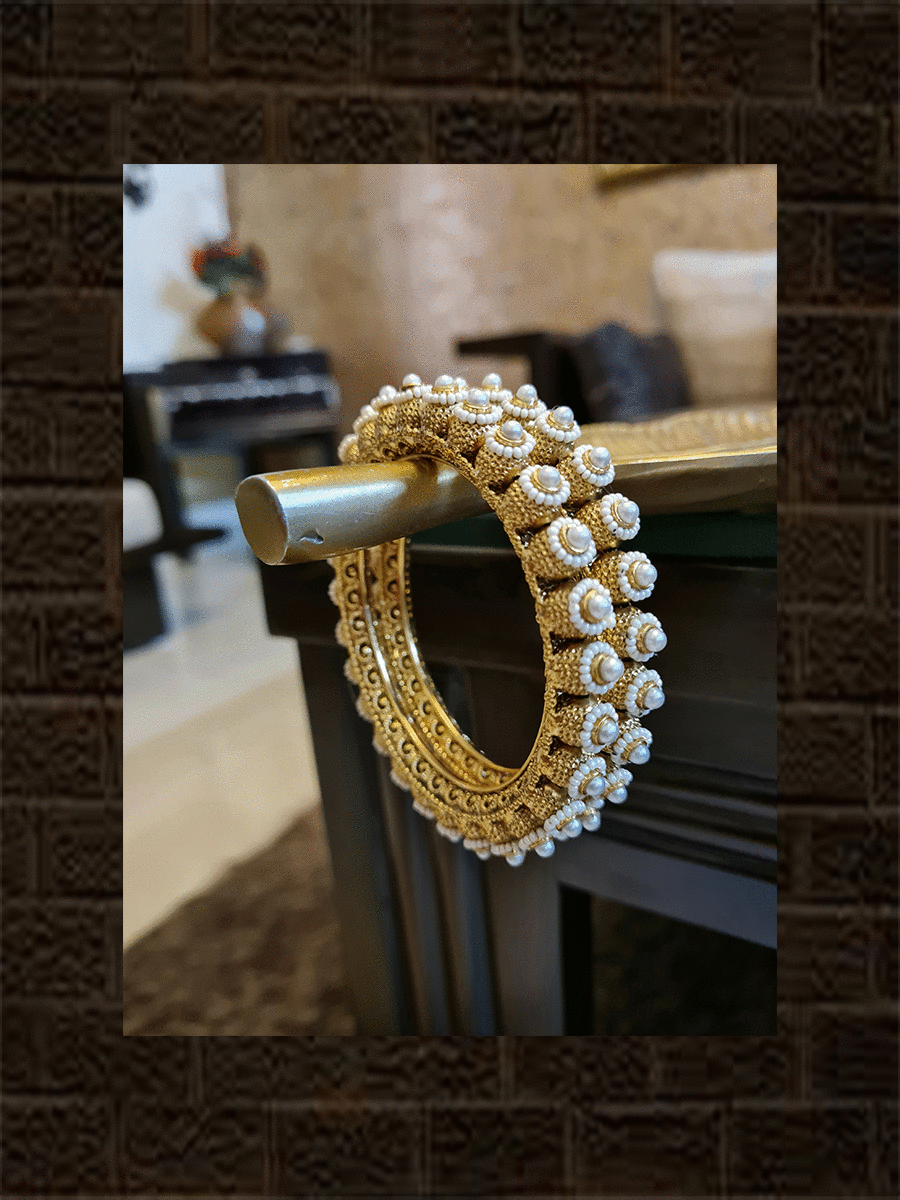 Set of two gold bead kada's with pearl and pirohi work - Odara Jewellery