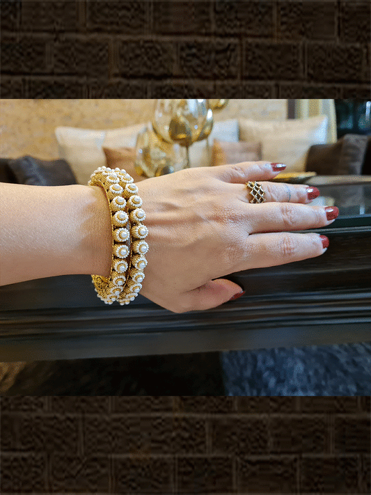 Set of two gold bead kada's with pearl and pirohi work - Odara Jewellery