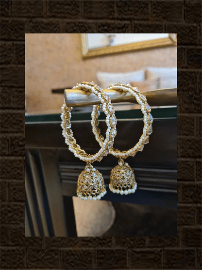 Set of two mehandi polish polki pearl pirohi kada's with hanging jhoomki - Odara Jewellery