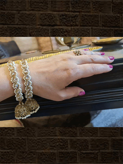 Set of two mehandi polish polki pearl pirohi kada's with hanging jhoomki - Odara Jewellery