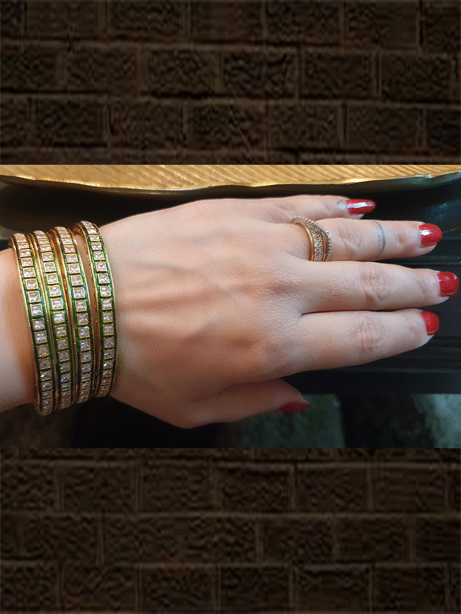 Set of four green enamel kundan bangles - Odara Jewellery