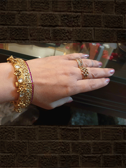 Intricate carving with ghunghroo cluster single ruby stone line openable kada(set of two) - Odara Jewellery
