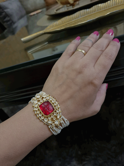 Rectangular coloured stones in center of bold kundan adjustable bracelet with side cheed strings - Odara Jewellery
