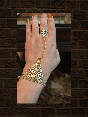 Triangular shape circularcut out design ring with chain handcuff - Odara Jewellery
