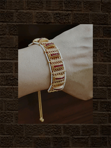Broad gold chain with side pirohi work and kundan bracelet with ruby stone lines in between - Odara Jewellery