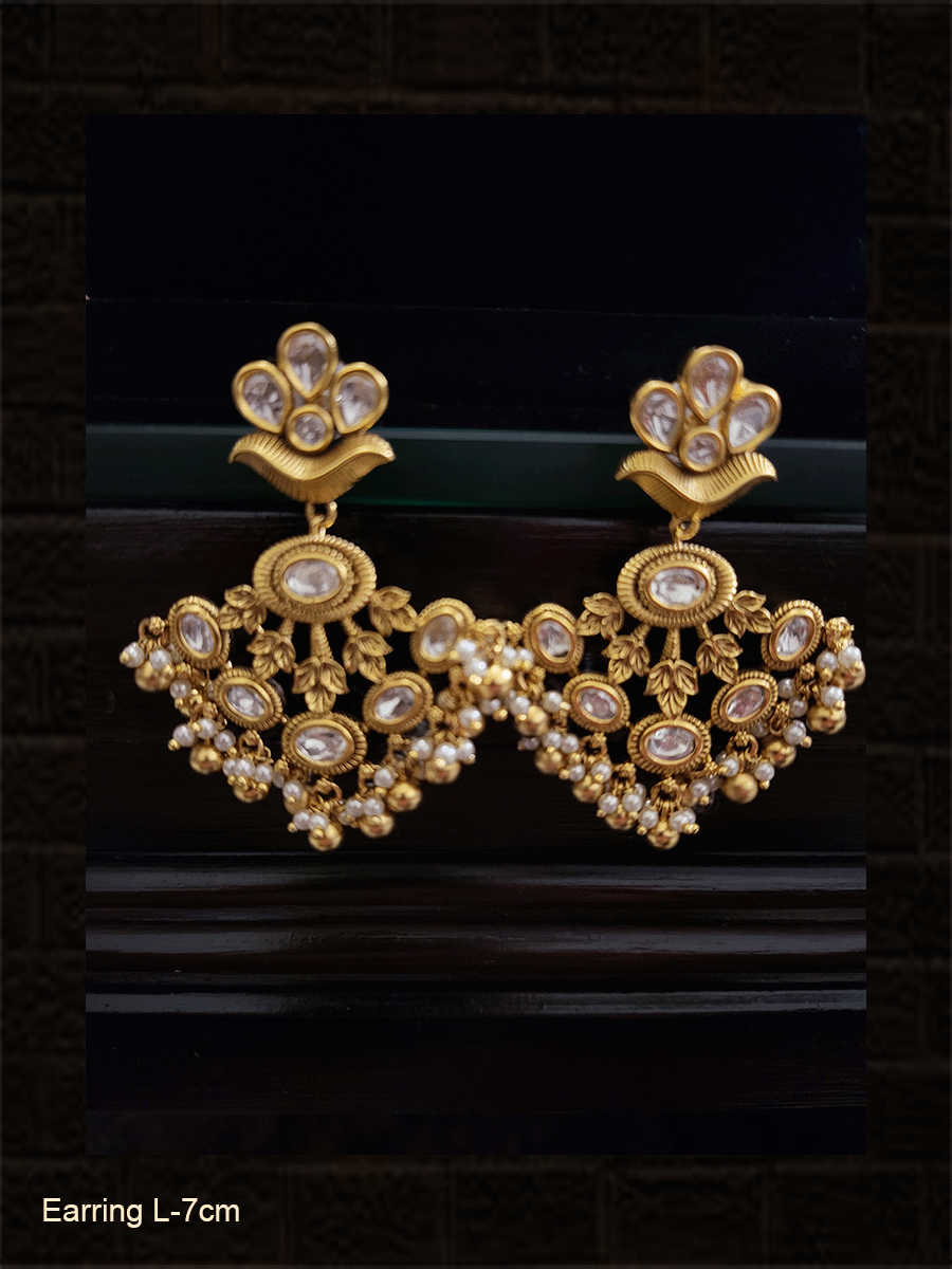 Leaf design polki classy earrings with gold bead drops - Odara Jewellery