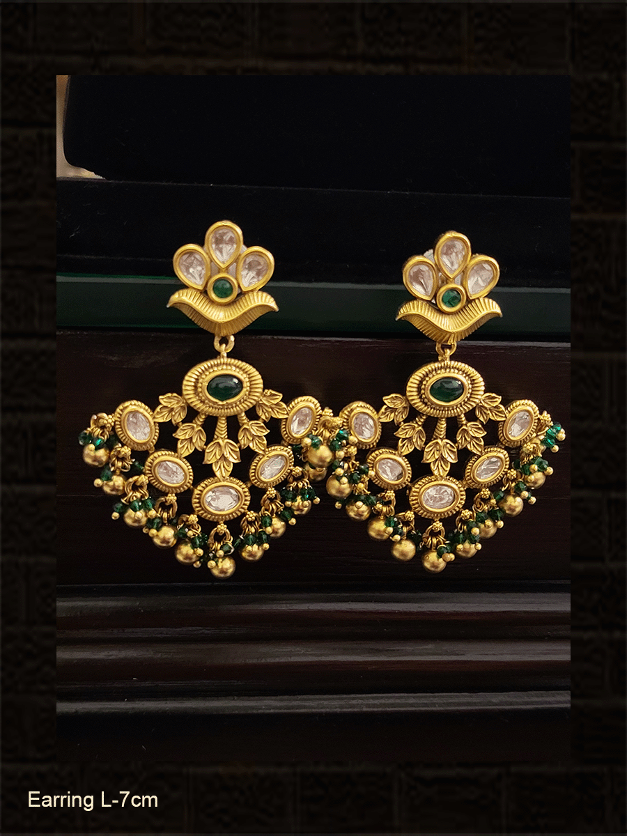 Leaf design polki classy earrings with gold bead drops - Odara Jewellery