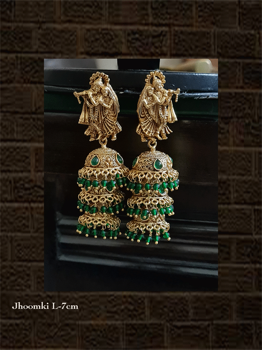 Triple layer radha krishna jhoomki with bead hangings - Odara Jewellery
