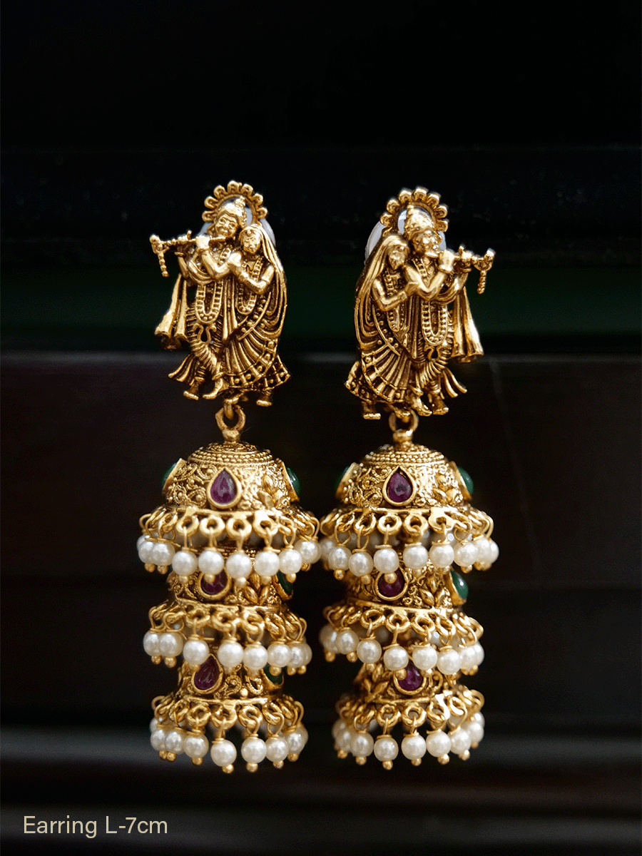 Triple layer radha krishna jhoomki with bead hangings - Odara Jewellery