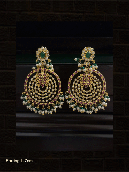 Circular design flower top polki,ruby and green stones earrings