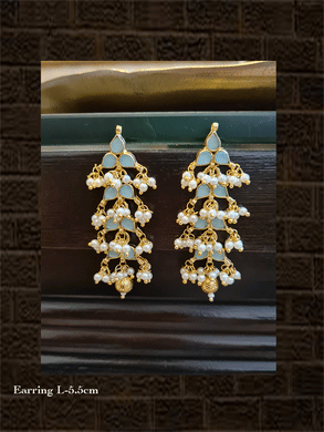 Aqua green stone leaf design earring with  bead detailing - Odara Jewellery