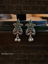 Load image into Gallery viewer, Stone studded inverted peacock design german silver earrings with hanging ghunghru&#39;s - Odara Jewellery