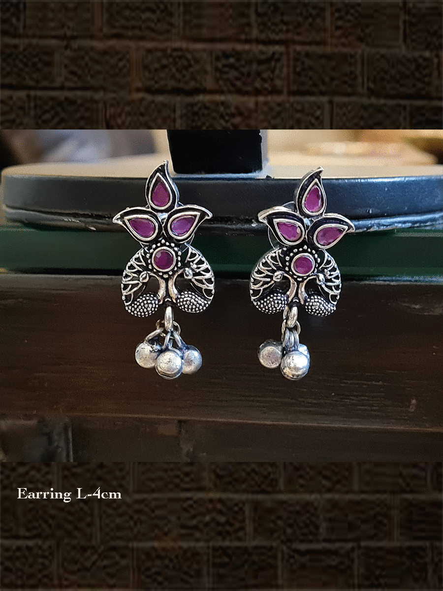 Stone studded inverted peacock design german silver earrings with hanging ghunghru's - Odara Jewellery
