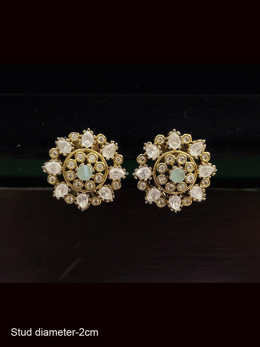 Antique gold finish kundan flower design stud with coloured stone in center