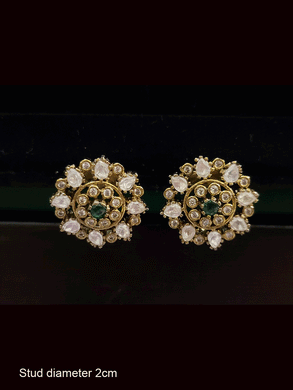 Antique gold finish kundan flower design stud with coloured stone in center