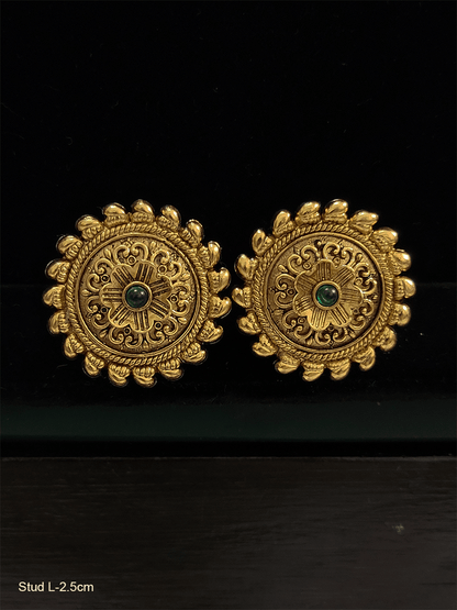 Circular stone studded self design studs with flower design center - Odara Jewellery