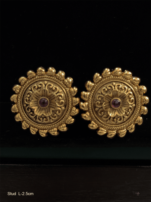 Circular stone studded self design studs with flower design center - Odara Jewellery