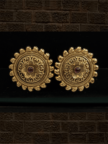 Circular stone studded self design studs with flower design center - Odara Jewellery