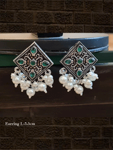 Load image into Gallery viewer, Kite shaped stone studded german silver earrings with pearl drops - Odara Jewellery