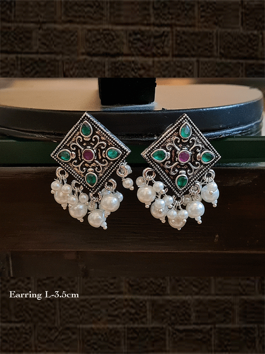 Kite shaped stone studded german silver earrings with pearl drops - Odara Jewellery
