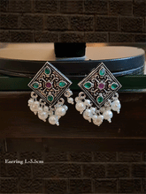 Load image into Gallery viewer, Kite shaped stone studded german silver earrings with pearl drops - Odara Jewellery