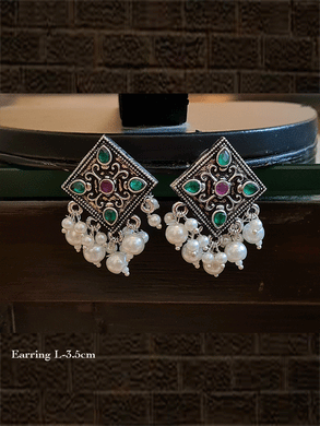 Kite shaped stone studded german silver earrings with pearl drops - Odara Jewellery