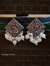 Load image into Gallery viewer, Kite shaped stone studded german silver earrings with pearl drops - Odara Jewellery