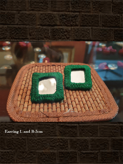Thread and mirror work bold square studs - Odara Jewellery