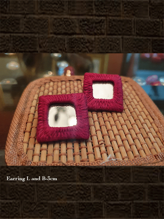 Thread and mirror work bold square studs - Odara Jewellery