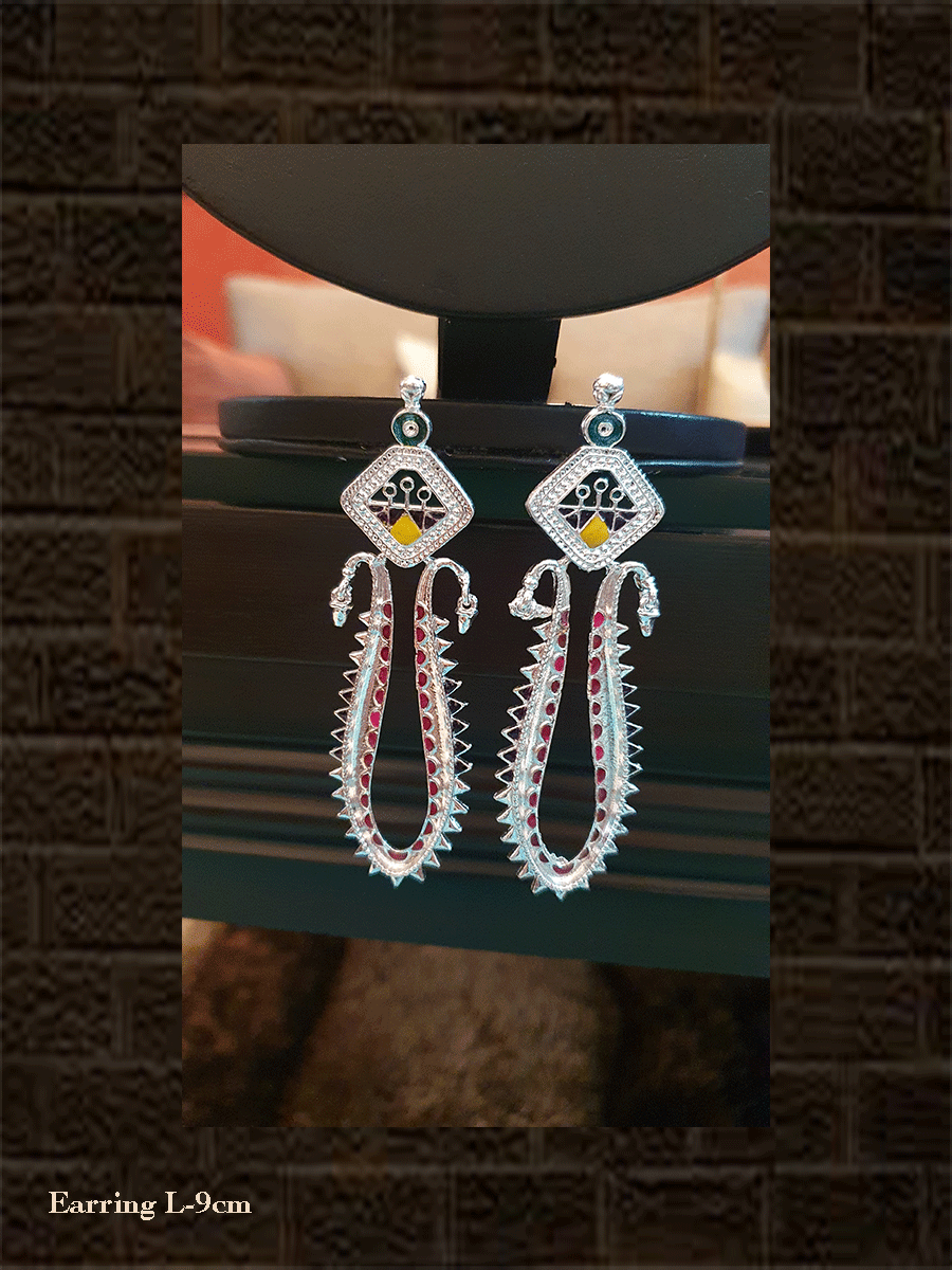 Long silver spike design enamel earrings - Odara Jewellery