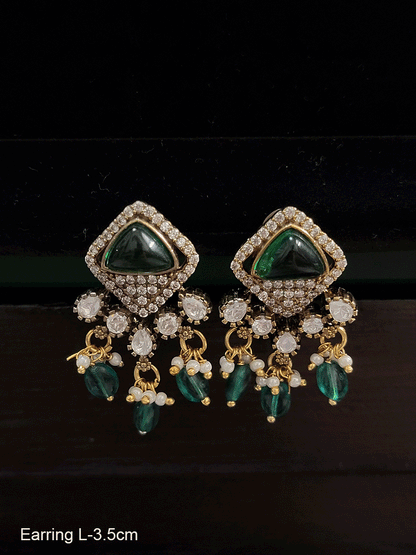 Square top zircon studded small kundan earrings with coloured drops