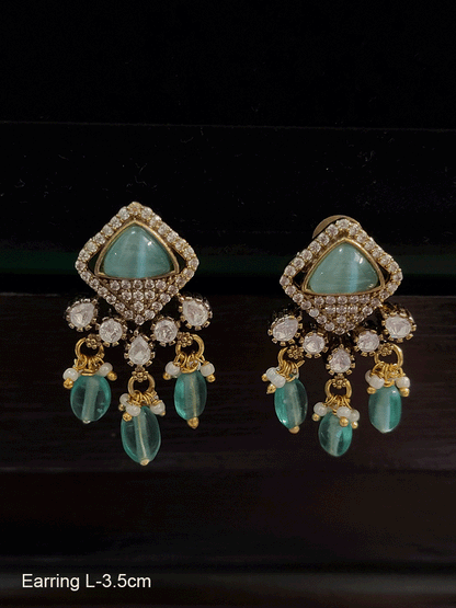 Square top zircon studded small kundan earrings with coloured drops