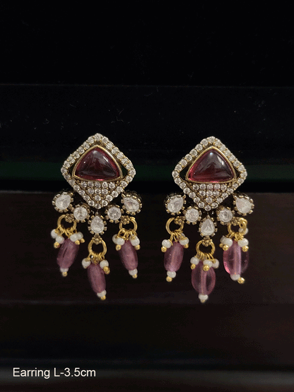 Square top zircon studded small kundan earrings with coloured drops