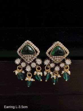 Square top zircon studded small kundan earrings with coloured drops