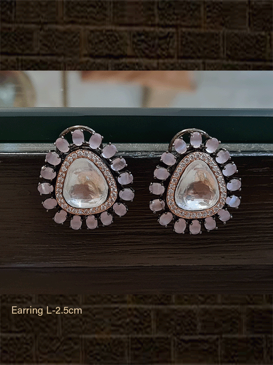 Black finish triangular kundan and AD coloured stones studs - Odara Jewellery