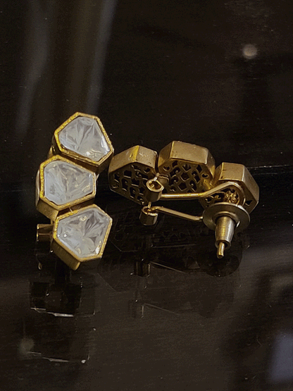 Three hexagonal shaped uncut polki earrings
