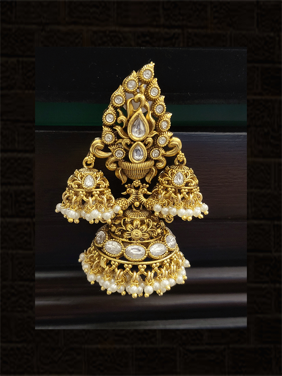 Leaf top design kundan jhoomki with two side small jhoomki hangings - Odara Jewellery