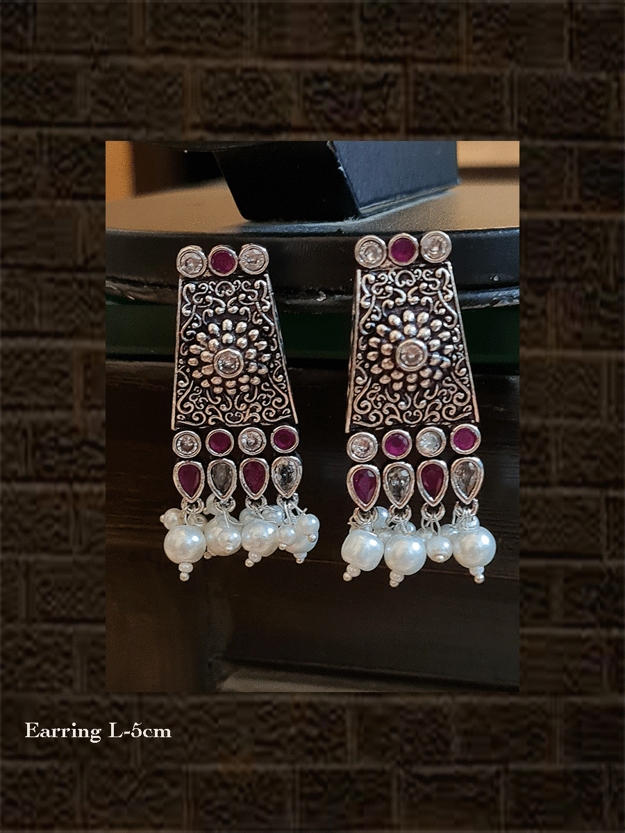Pearly drop german silver earrings with self design and coloured stone - Odara Jewellery