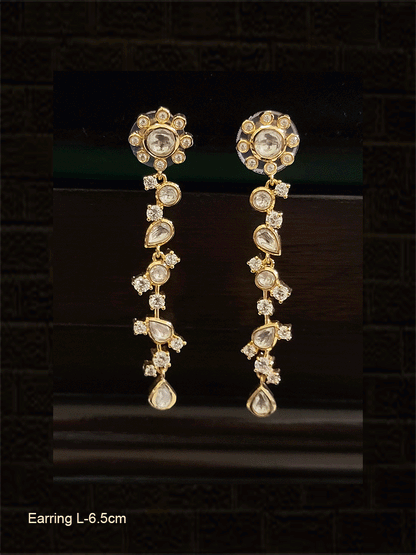 Flower top long polki and white stones earrings