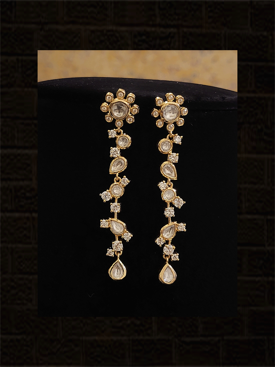 Flower top long polki and white stones earrings