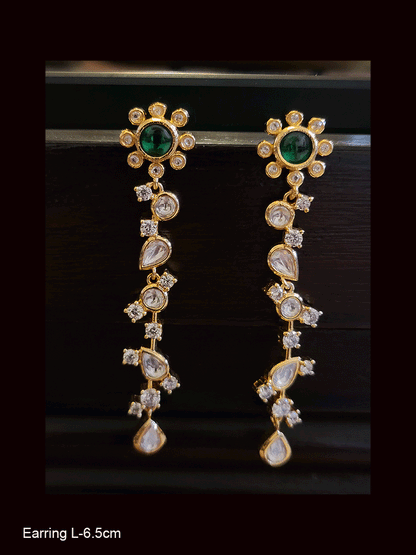Flower top long polki and white stones earrings