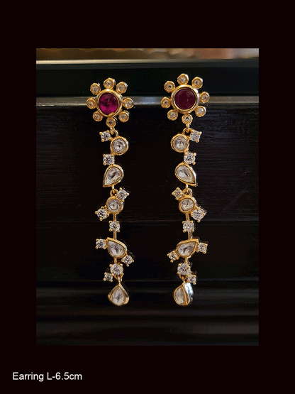 Flower top long polki and white stones earrings