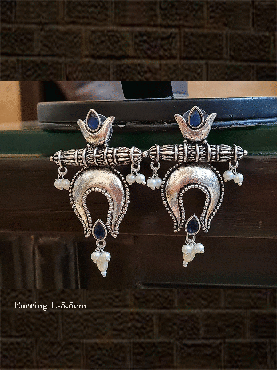 Classy design german silver earring with stones and hanging pearls - Odara Jewellery