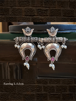 Classy design german silver earring with stones and hanging pearls - Odara Jewellery