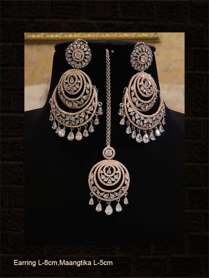 Chandbali design long AD earrings with coloured drops and maangtika
