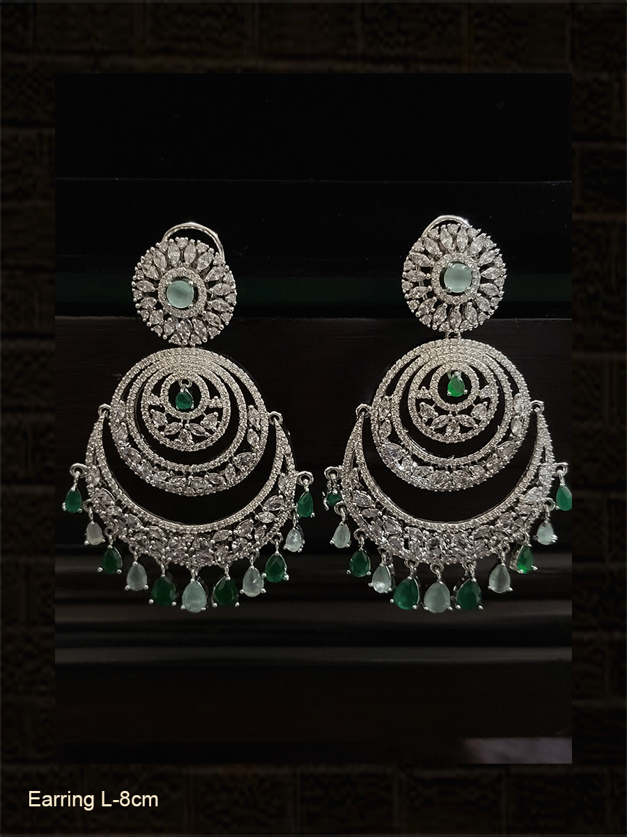 Chandbali design long AD earrings with coloured drops and maangtika